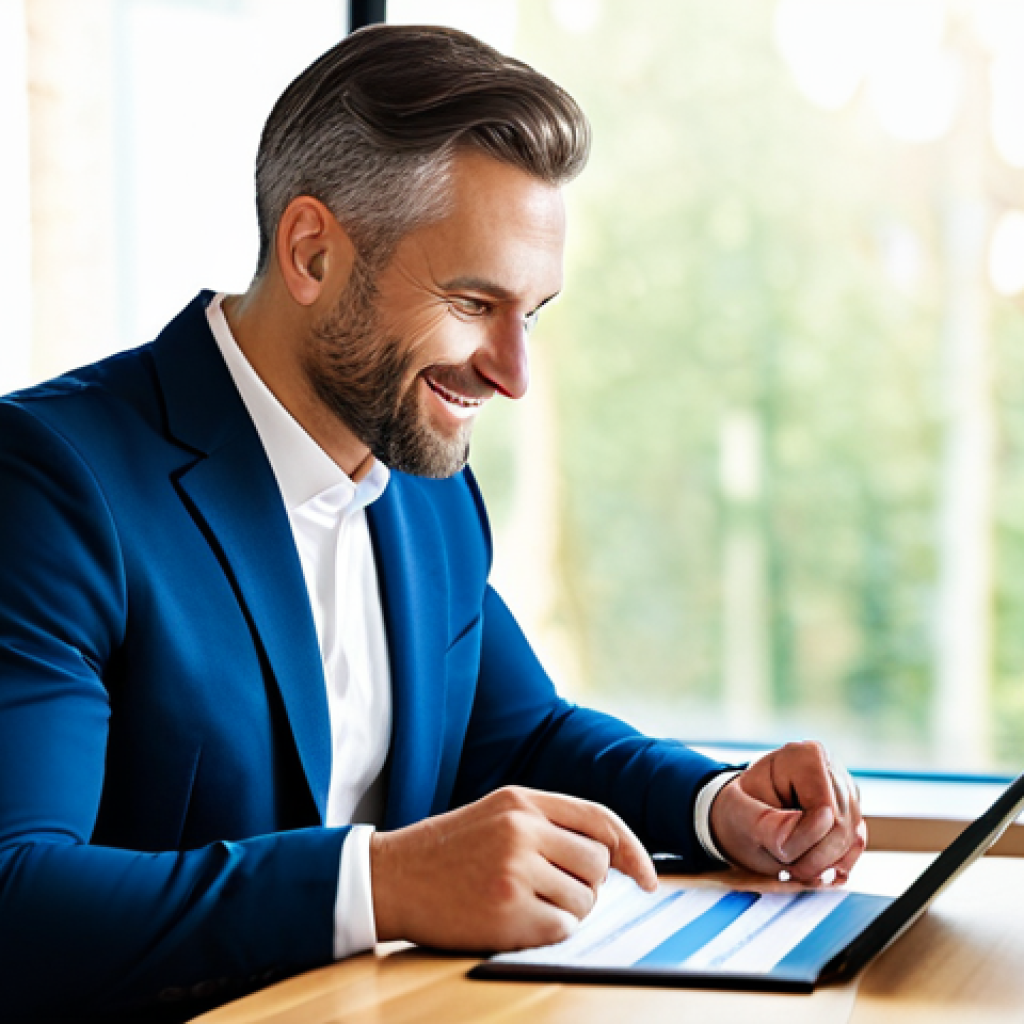 A focused professional man, mid-30s, in a modest business blazer and smart trousers, sitting at a contemporary wooden desk in a brightly lit, minimalist home office. He is thoughtfully reviewing financial documents on a tablet, with a slight, confident smile, symbolizing smart financial planning and understanding of fiscal benefits. The background includes a large window with soft, diffused daylight. perfect anatomy, correct proportions, natural pose, well-formed hands, proper finger count, natural body proportions, high-resolution, professional photography, sharp focus, safe for work, appropriate content, fully clothed, professional dress, modest clothing, appropriate attire, professional.