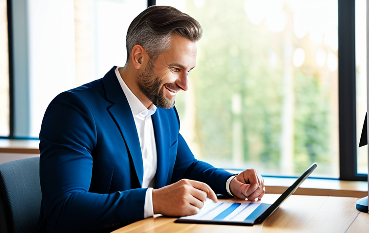 A focused professional man, mid-30s, in a modest business blazer and smart trousers, sitting at a contemporary wooden desk in a brightly lit, minimalist home office. He is thoughtfully reviewing financial documents on a tablet, with a slight, confident smile, symbolizing smart financial planning and understanding of fiscal benefits. The background includes a large window with soft, diffused daylight. perfect anatomy, correct proportions, natural pose, well-formed hands, proper finger count, natural body proportions, high-resolution, professional photography, sharp focus, safe for work, appropriate content, fully clothed, professional dress, modest clothing, appropriate attire, professional.