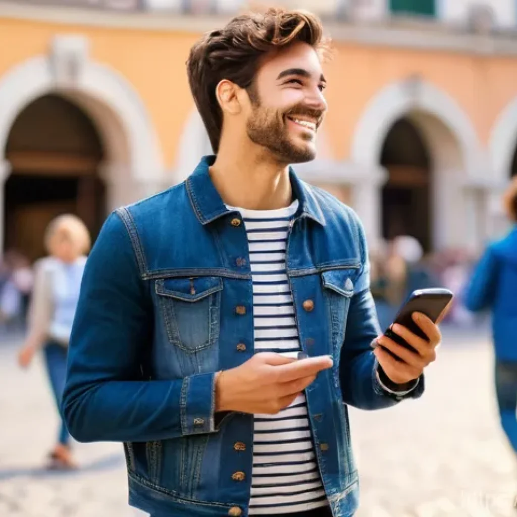 해외 이주자의 세금 문제 - A cheerful young adult, subtly Italian-looking, stands in a vibrant European piazza, perhaps with a ...