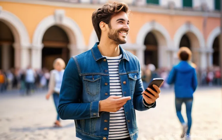 해외 이주자의 세금 문제 - A cheerful young adult, subtly Italian-looking, stands in a vibrant European piazza, perhaps with a ...