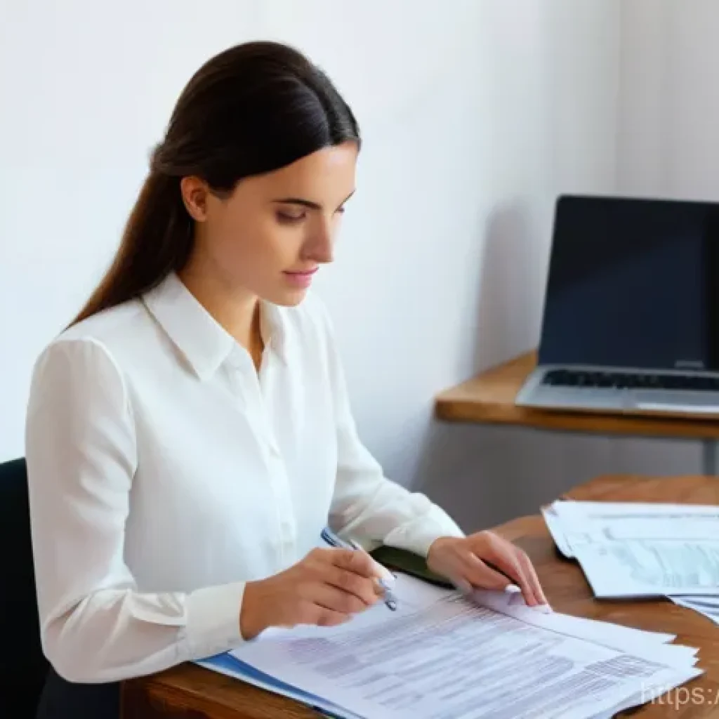 세무 상담 준비사항 - A young adult, possibly a woman in her early 30s, is meticulously organizing tax documents on a clea...