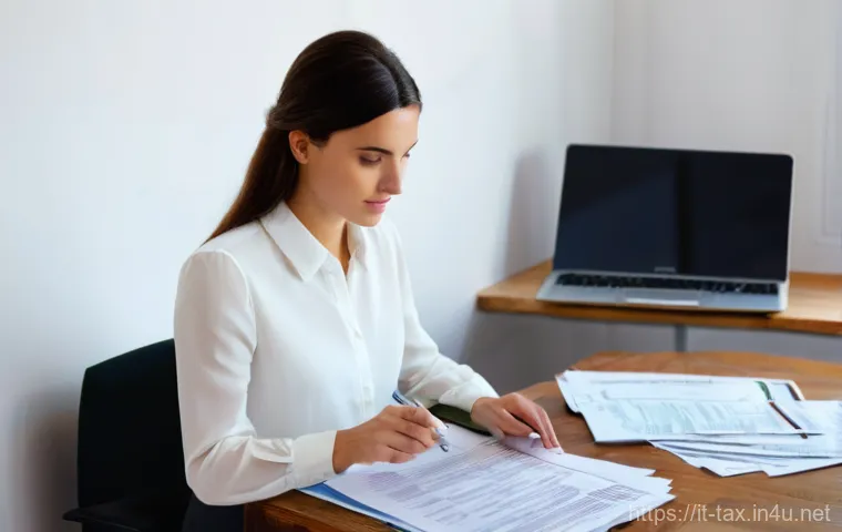 세무 상담 준비사항 - A young adult, possibly a woman in her early 30s, is meticulously organizing tax documents on a clea...