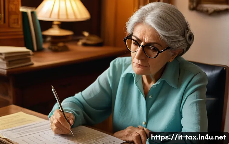 퇴직금 세금 계산법 - **Prompt:** A close-up shot of an elegant elderly Italian woman, with silver hair neatly styled, wea...