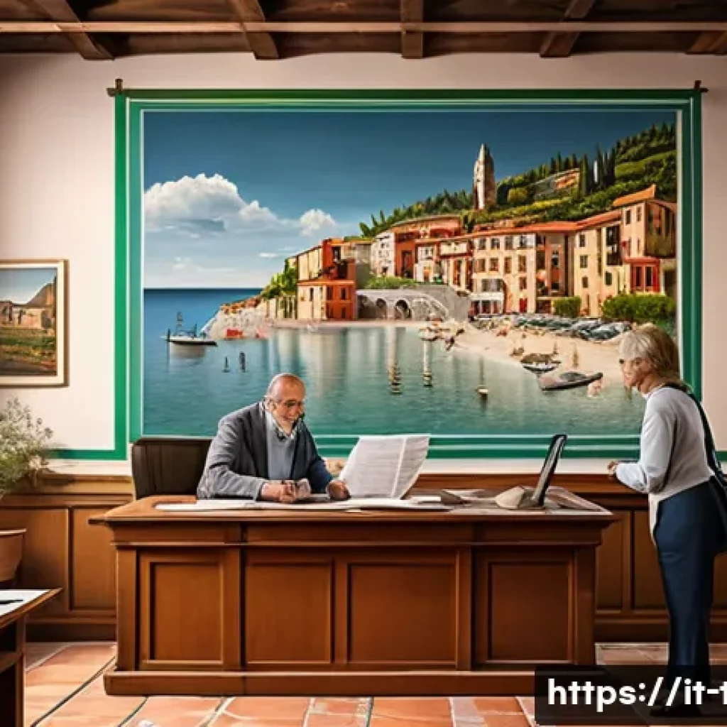 1가구 2주택 세금 규정 - A detailed, realistic illustration of an Italian town hall office interior where a middle-aged Itali...