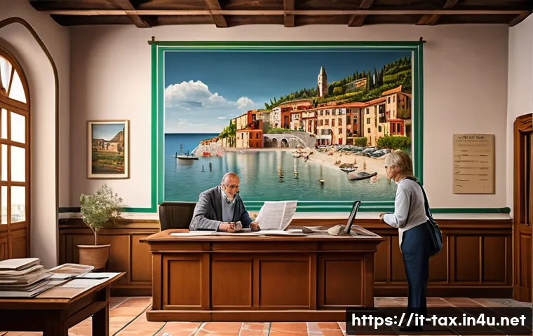 1가구 2주택 세금 규정 - A detailed, realistic illustration of an Italian town hall office interior where a middle-aged Itali...