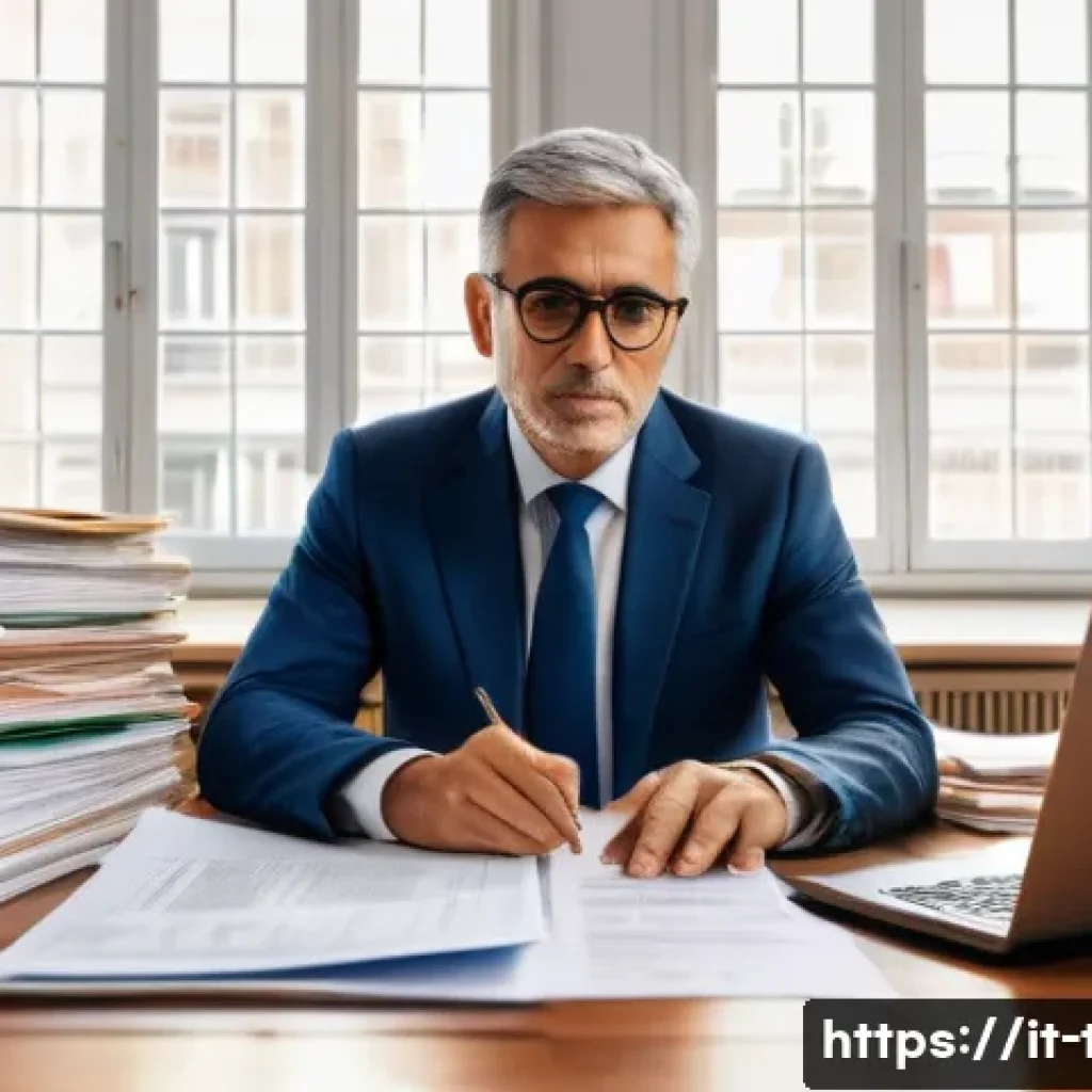배당소득세 신고 절차 - A detailed office scene showing a middle-aged Italian professional seated at a wooden desk, organizi...