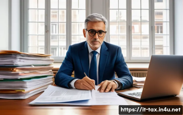 배당소득세 신고 절차 - A detailed office scene showing a middle-aged Italian professional seated at a wooden desk, organizi...