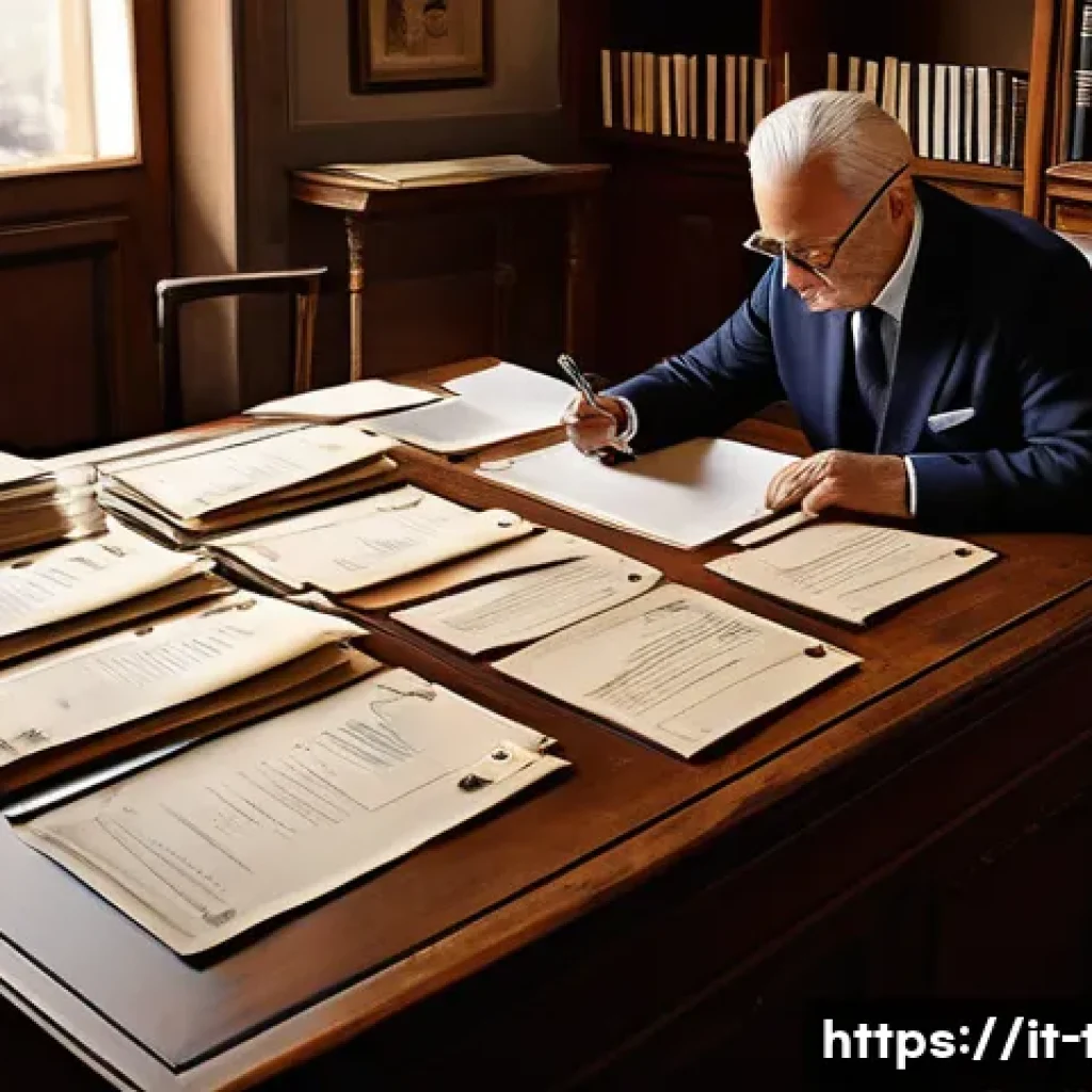 상속세 신고 유의사항 - A professional Italian office environment showing a middle-aged person carefully organizing inherita...