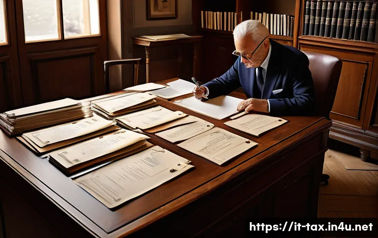 상속세 신고 유의사항 - A professional Italian office environment showing a middle-aged person carefully organizing inherita...