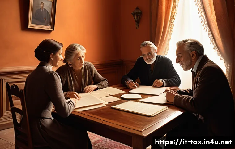 부동산 상속 분쟁과 세금 - A detailed scene of an Italian family gathered in a traditional Tuscan-style living room, discussing...