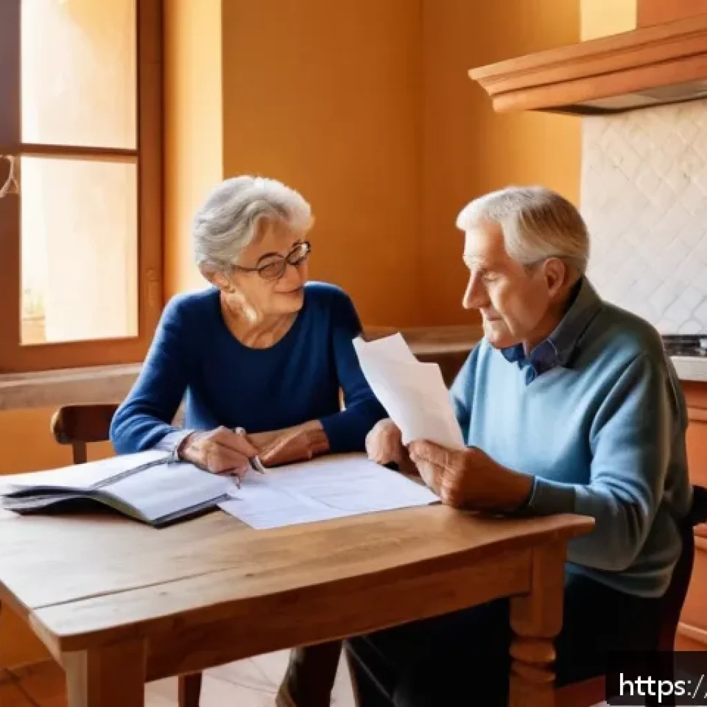 연금소득세 절약 팁 - A cozy Italian retiree couple sitting at a sunlit kitchen table, reviewing their pension and tax doc...