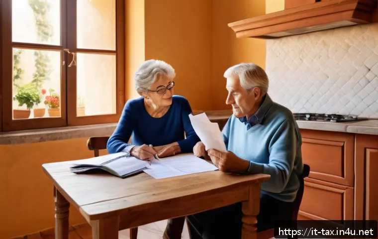 연금소득세 절약 팁 - A cozy Italian retiree couple sitting at a sunlit kitchen table, reviewing their pension and tax doc...
