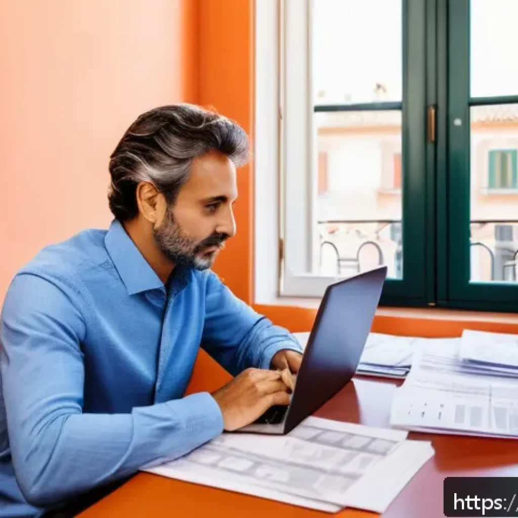 임대주택 사업자의 세금 - A detailed, professional office scene showing an Italian property owner sitting at a desk with a lap...