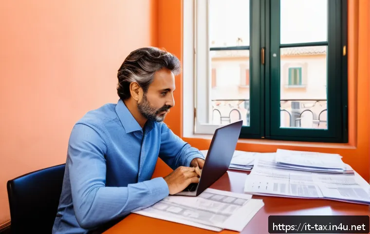 임대주택 사업자의 세금 - A detailed, professional office scene showing an Italian property owner sitting at a desk with a lap...