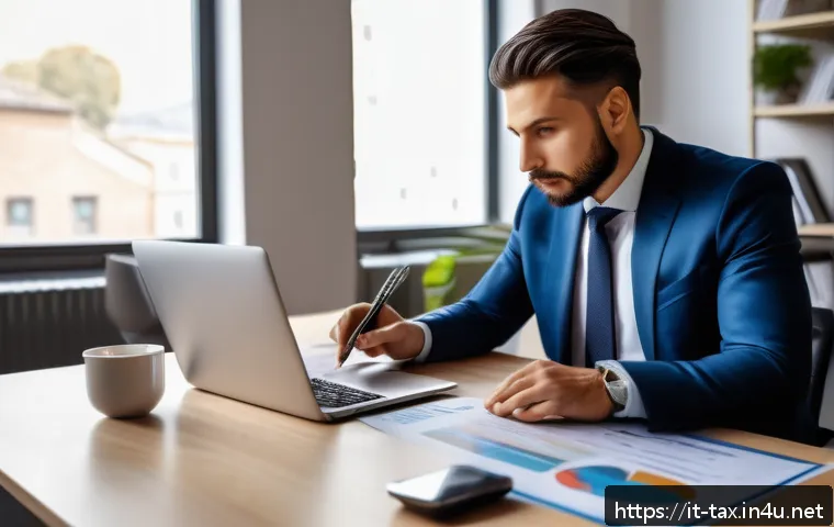 창업 세금 절약 방법 - A professional Italian entrepreneur in a modern office setting, reviewing detailed financial documen...