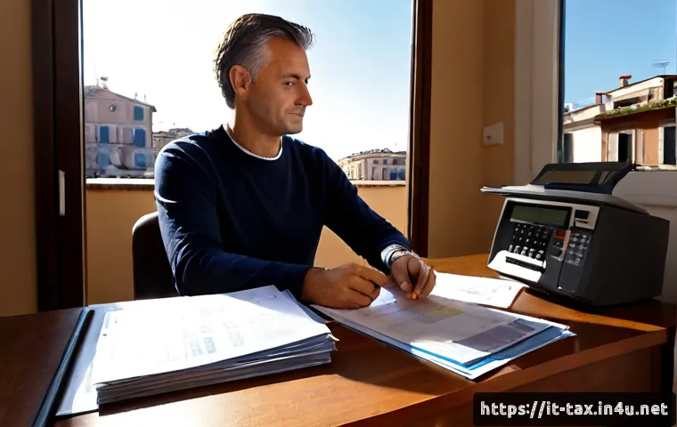 Home 17 부동산 양도차익 신고 - Photorealistic Italian homeowner seated at a tidy sunlit desk in a modern Rome apartment, carefully ...